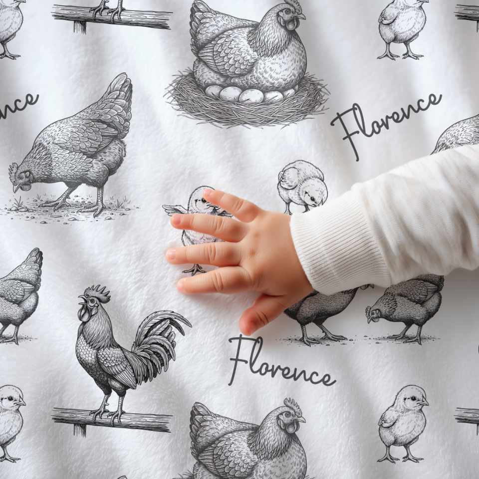 Hens & Roosters Vintage Personalized Name Blanket - 1818