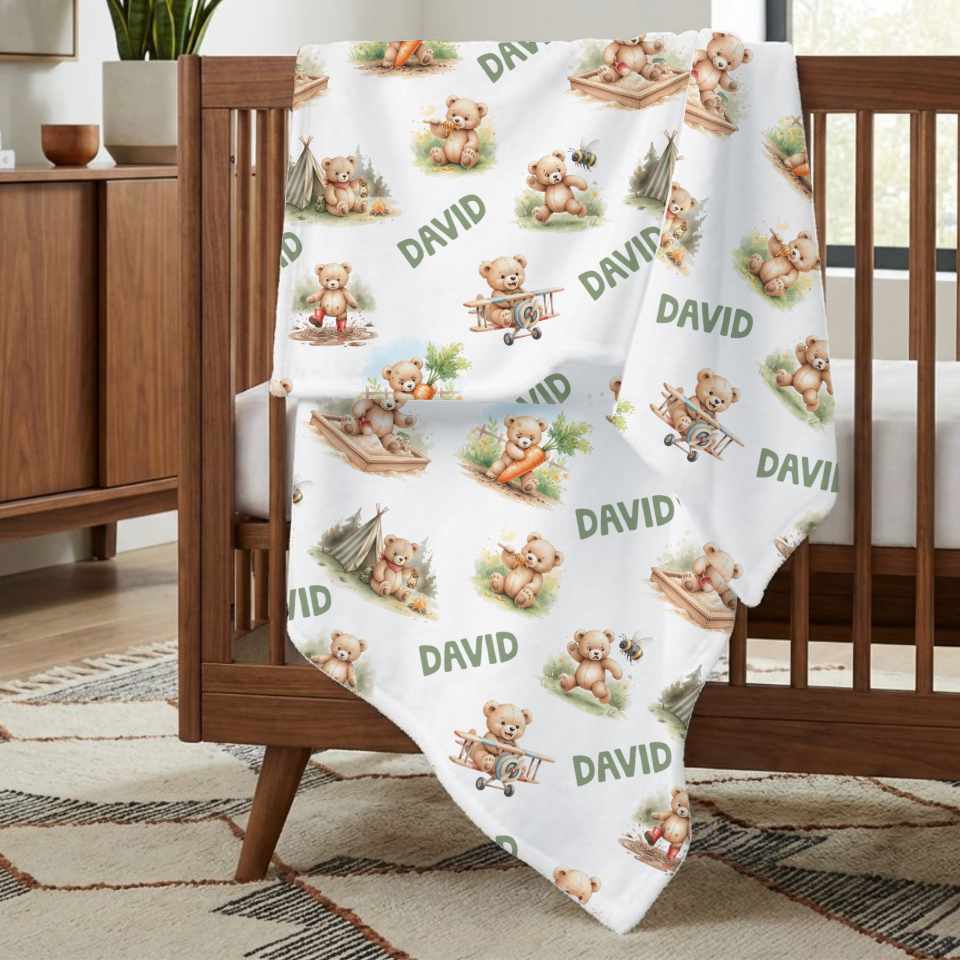 Personalized Teddy Baby Boy Blanket - 1818